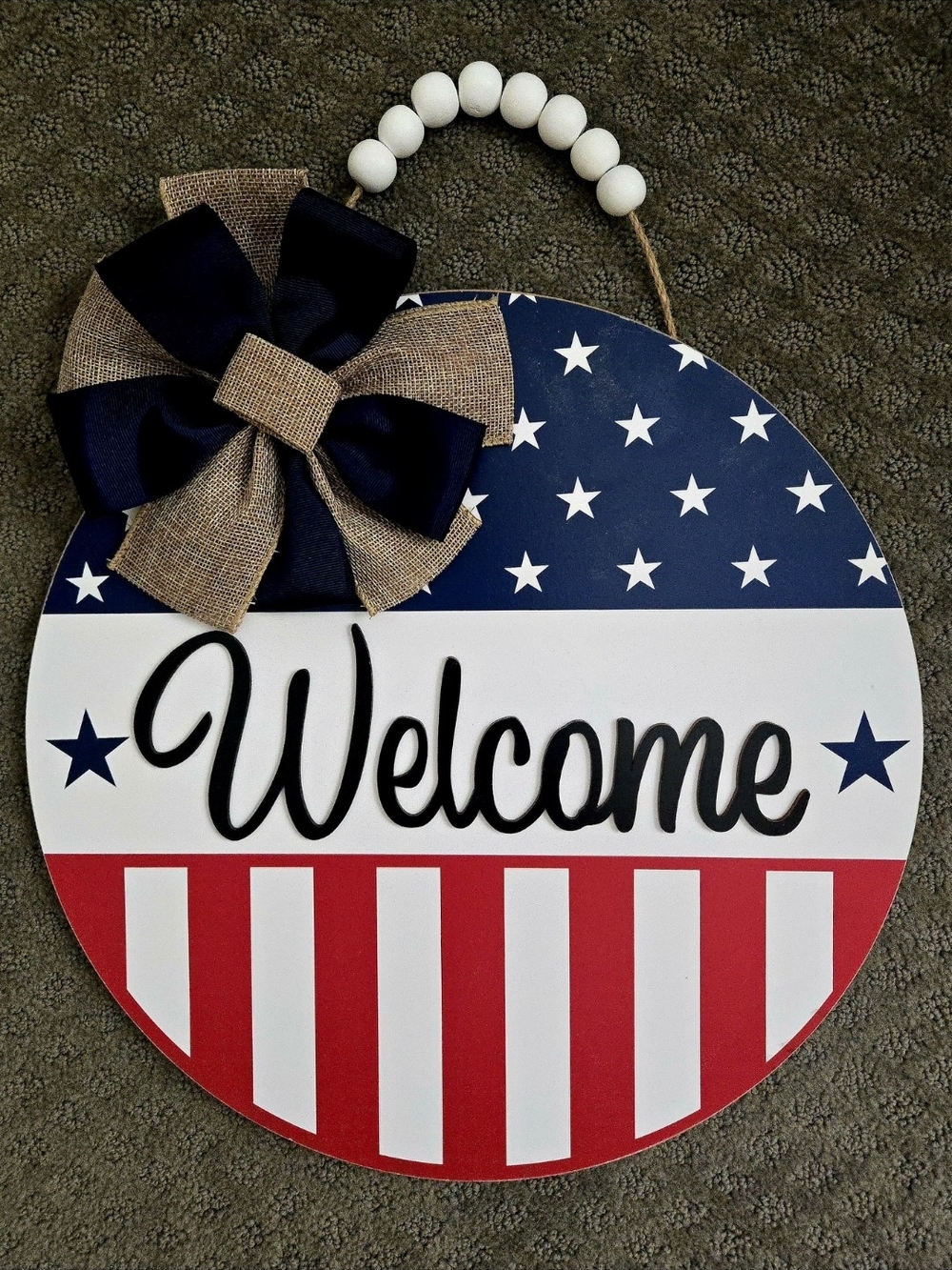 ( HomeGoods ) 12" Round Hanging Wooden Welcome Sign With Bow & Bead Details, NWO
